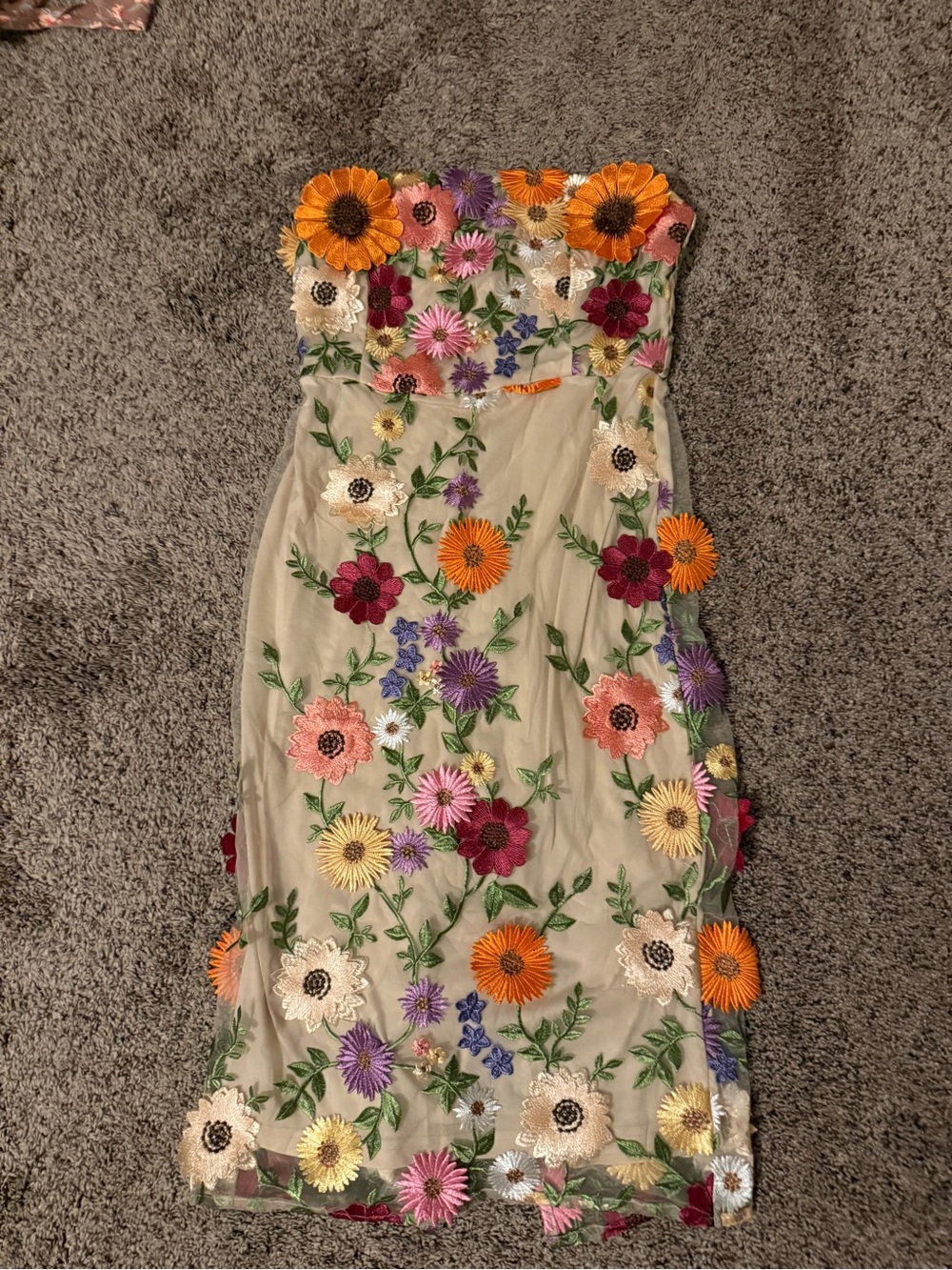 Vici Beige Strapless Dress with Multicolor Floral Appliqués